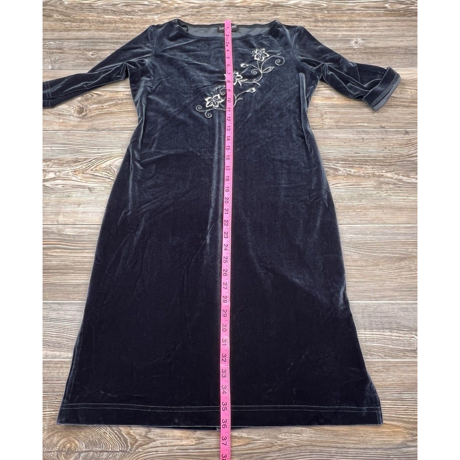 Vtg. Danielle Casey Dress S Black Velvet Midi Floral Embroidery Romantic Elegant — image 7 of 8